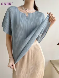 GGHK Miyake 2023 Summer New Pleated Tops T-shirt Neck Split Casual Fashion Peplum Clothes Women's