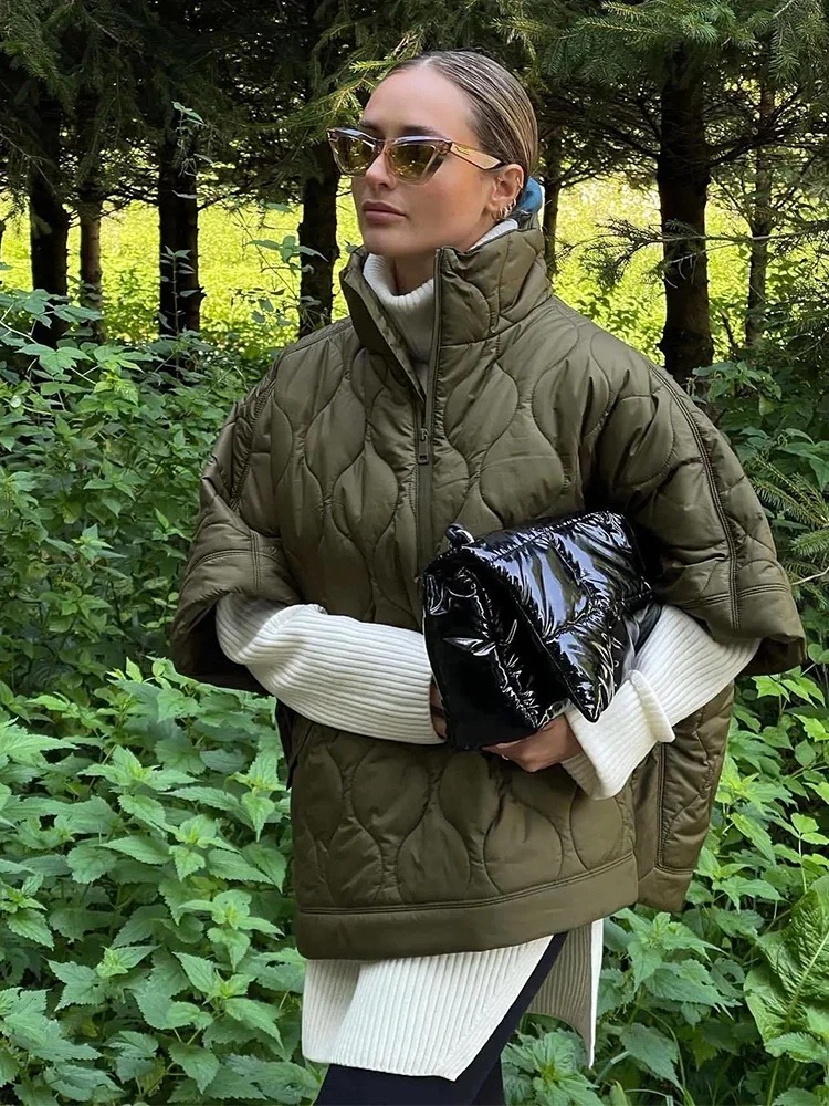 Quilted Argyle Coat Cape Rainproof Jacket Women Winter Jacket Army Green Casual Padded Loose Parkas Oversize Turtleneck Coat