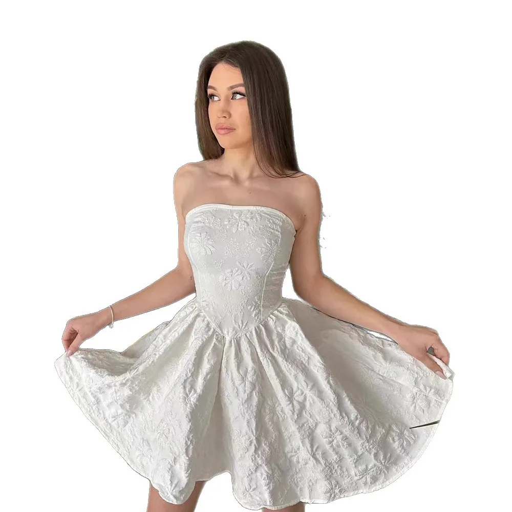 Ele Floral Embroidery Bustier Dr Sexy oulder Bared Waist Cinched A-Line  Skirt High-End Fabric Commute Sle Wom...