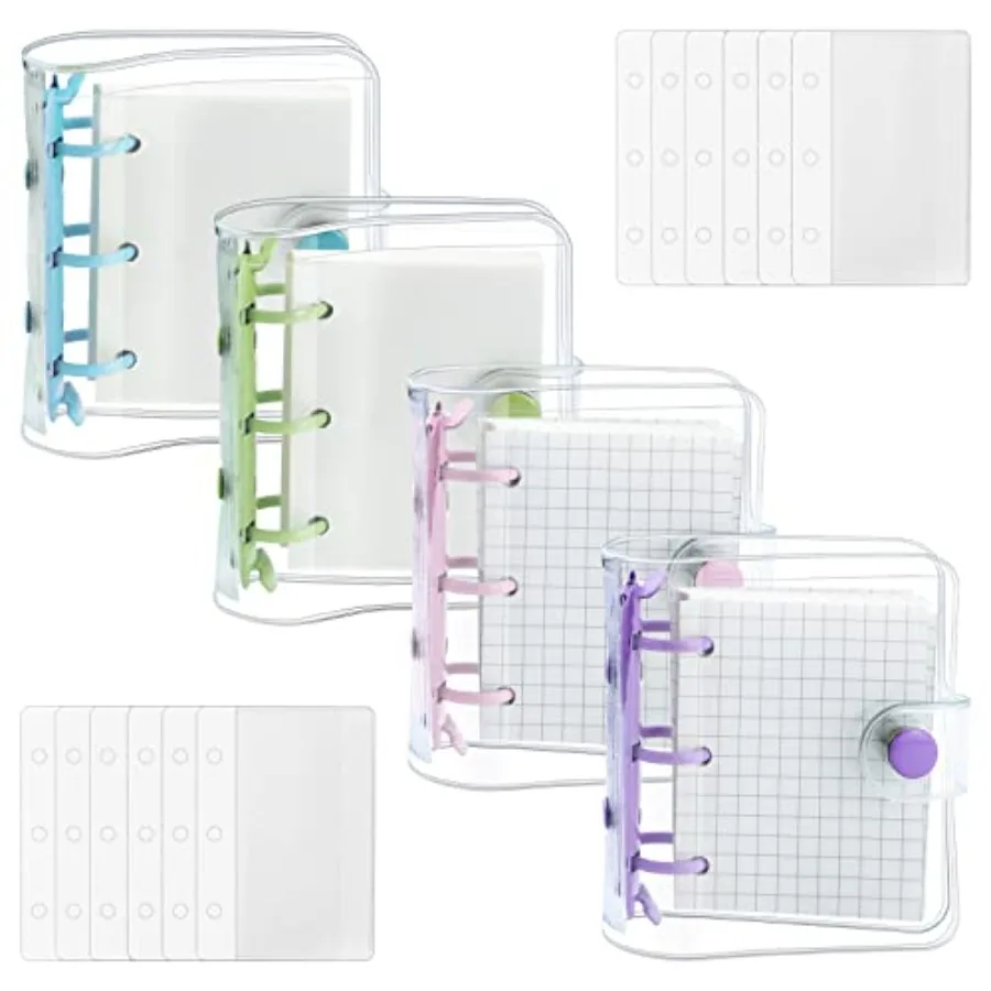 4 Pack Mini Transparent 3 Ring Binder Cove with Inner Paper and Pockets Clear Soft PVC Notebook Closure Loose Leaf Folder Round