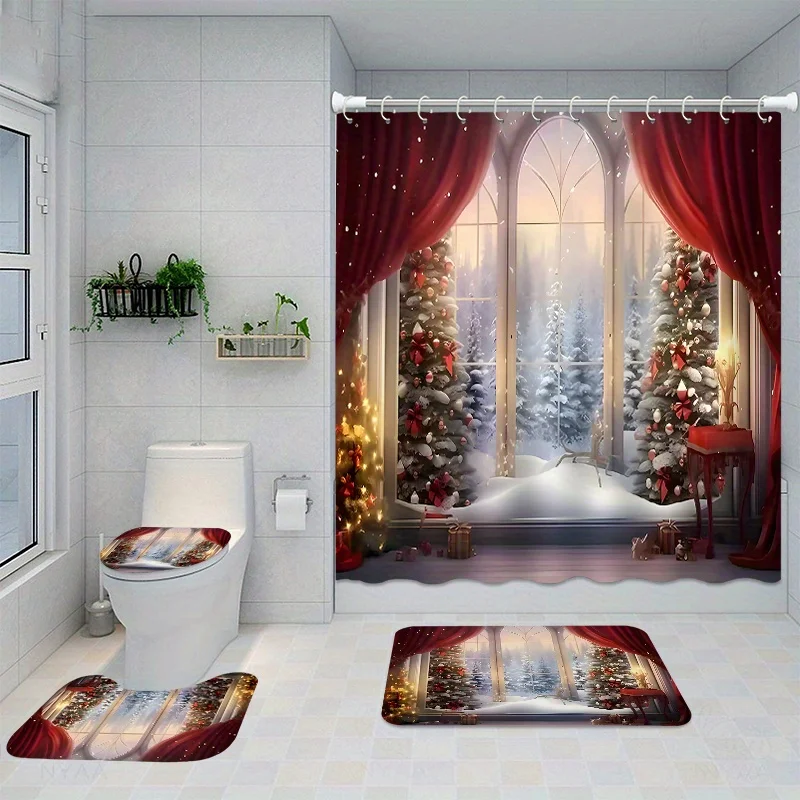 4Pcs Christmas Home Decor Waterproof Shower Curtain Sets with 12 Hooks Toilet Seat Cover Bathroom Mat Non-Slip Rug Carpet Po