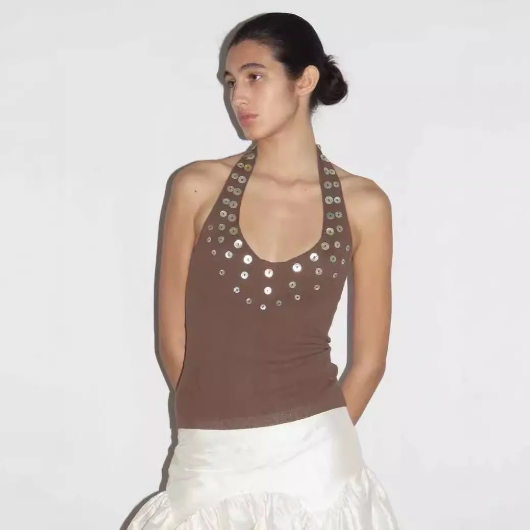 

IAMUBABA Paloma Wool Irregular Mother-of-Pearl Sequin Knitted Hanging Ne Vest Women's Street Sle Slim Fit Bal Top