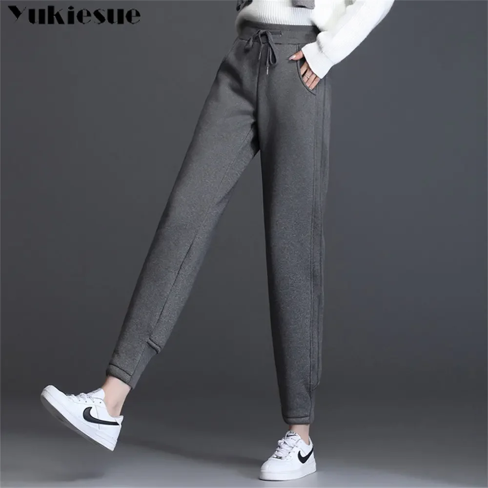Winter High Waist Thick Sports Trousers Women Fashion Casual Plus Velvet Elastic Drawstring Thermal Cashmere Sport Pants Baggy