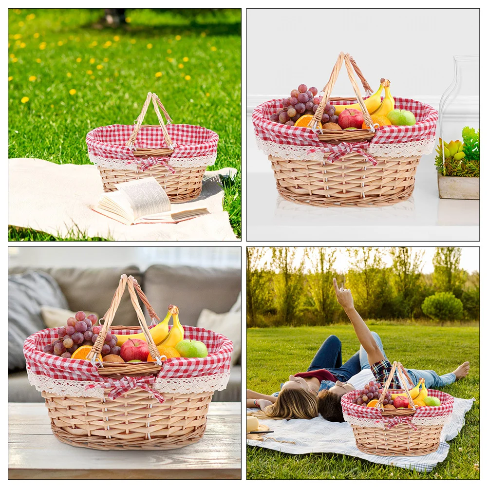 2 قطعة سلال نزهة منسوجة منظم تخزين من الخيزران المتين ديكور منزلي محمول حاوية خضروات فواكه لوازم يومية