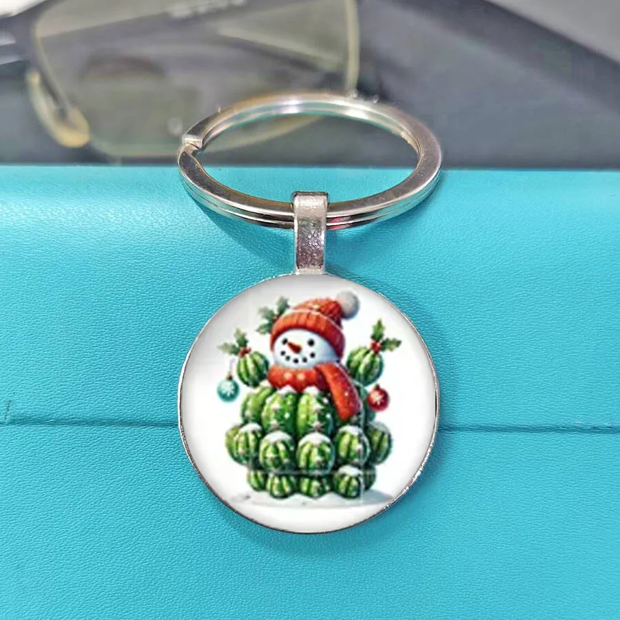 Popular Western Xmas Saguaro Light Ornament Round Print Key Ring Charm Decorated Cactus Glass Cabochon Keychain Pendant