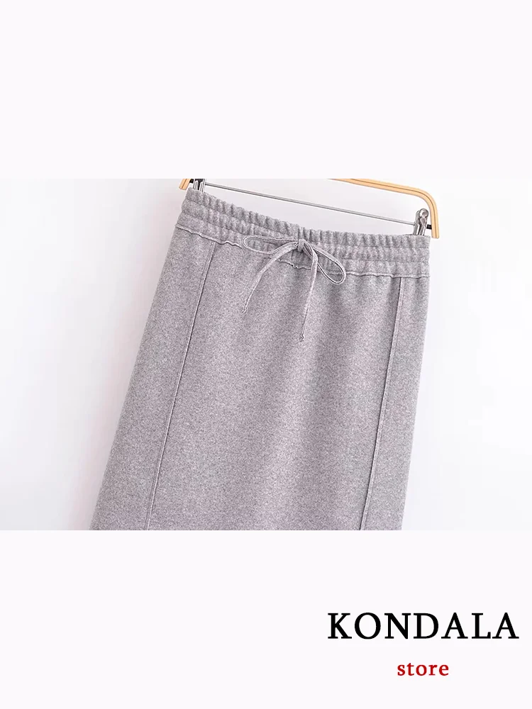 KONDALA Vintage Casual Solid Women Suit Gray Zipper Pockets Hooded Jackets Long Straight Skirt Fashion 2023 Autumn Office Set