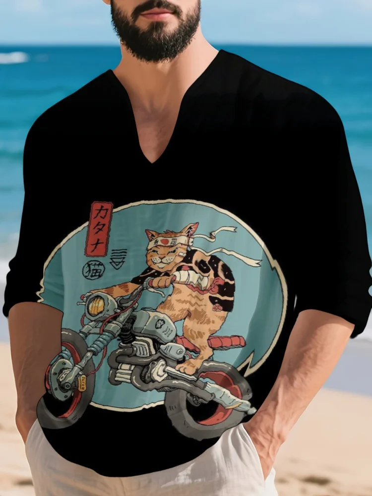 

2026 New Men's Shirts Vintage Retro Japanese Art Ninja Cat Riding Shark Print V-Neck Long Sleeve Casual T-Shirt Beachwear