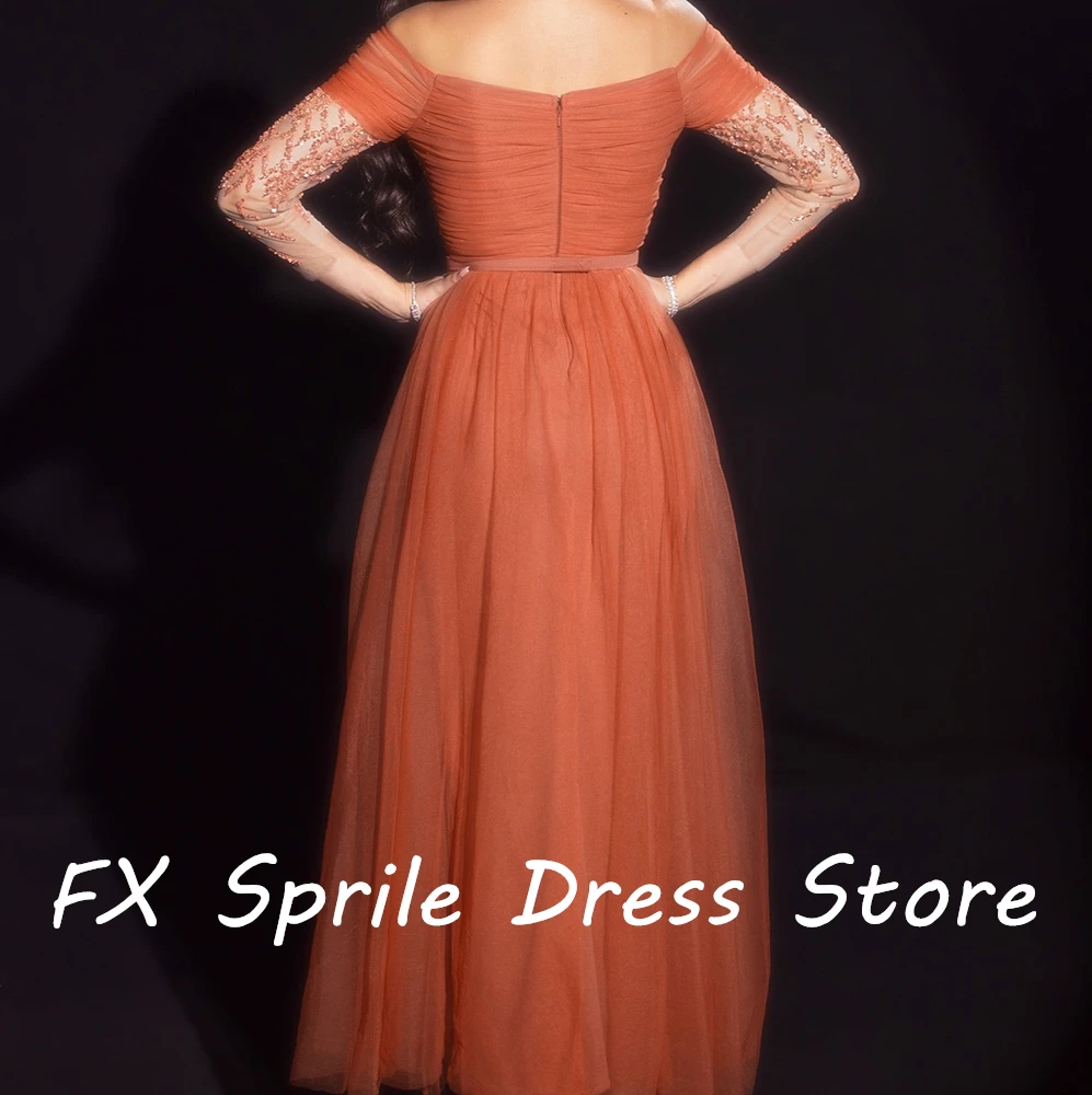 Square Neck 3/4 Sleeves Sequined Beading Tulle Straight Floor Length Zipper Back Solid Color Evening Dress For Formal Occasions