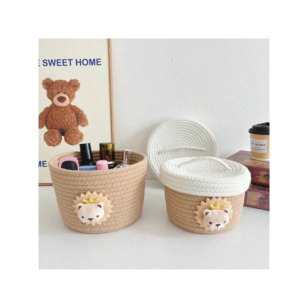 Cotton Rope Handmade Woven Storage Basket With Lid Simple Miscellaneous Organization Tool Living Room Item Organization Basket