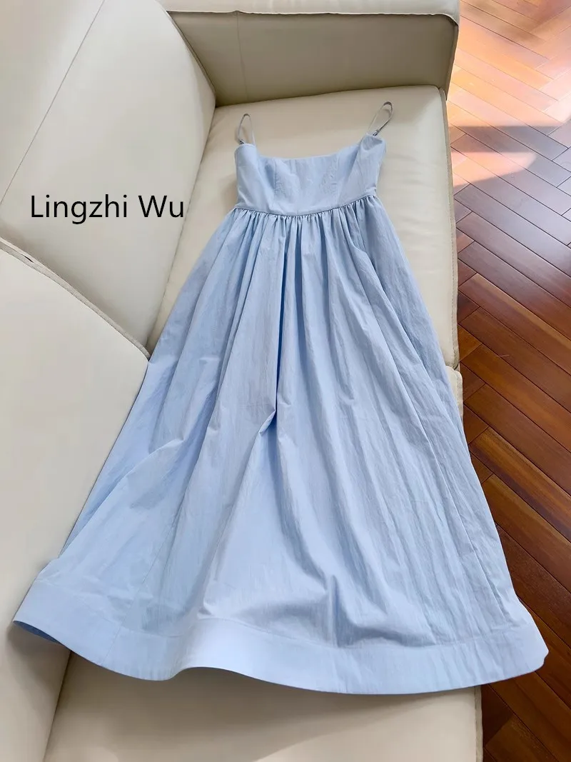 Lingzhi Wu-Elegant Blue Spaghetti Strap Dress, Slim Waist, Holiday, French, Top Quality, New Arrival, Summer, 2022