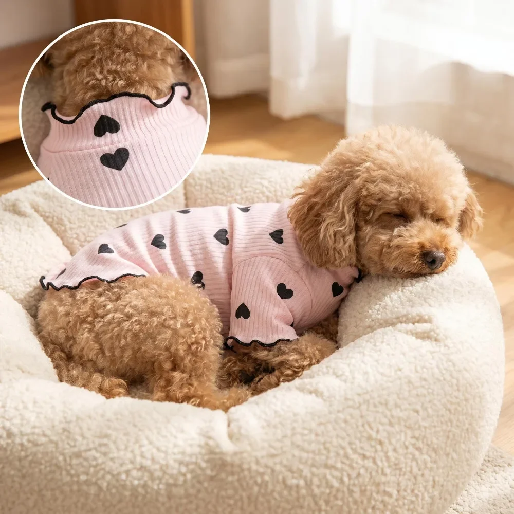 Hunde-T-Shirt mit Herz-Print und Rüschen, Weiches Geripptes Haustier-Basisshirt, Frühlings- und Sommerkleidung für Bichon, Teddy, Chihuahua, Kleine Hunde und Katzen – Detail 2