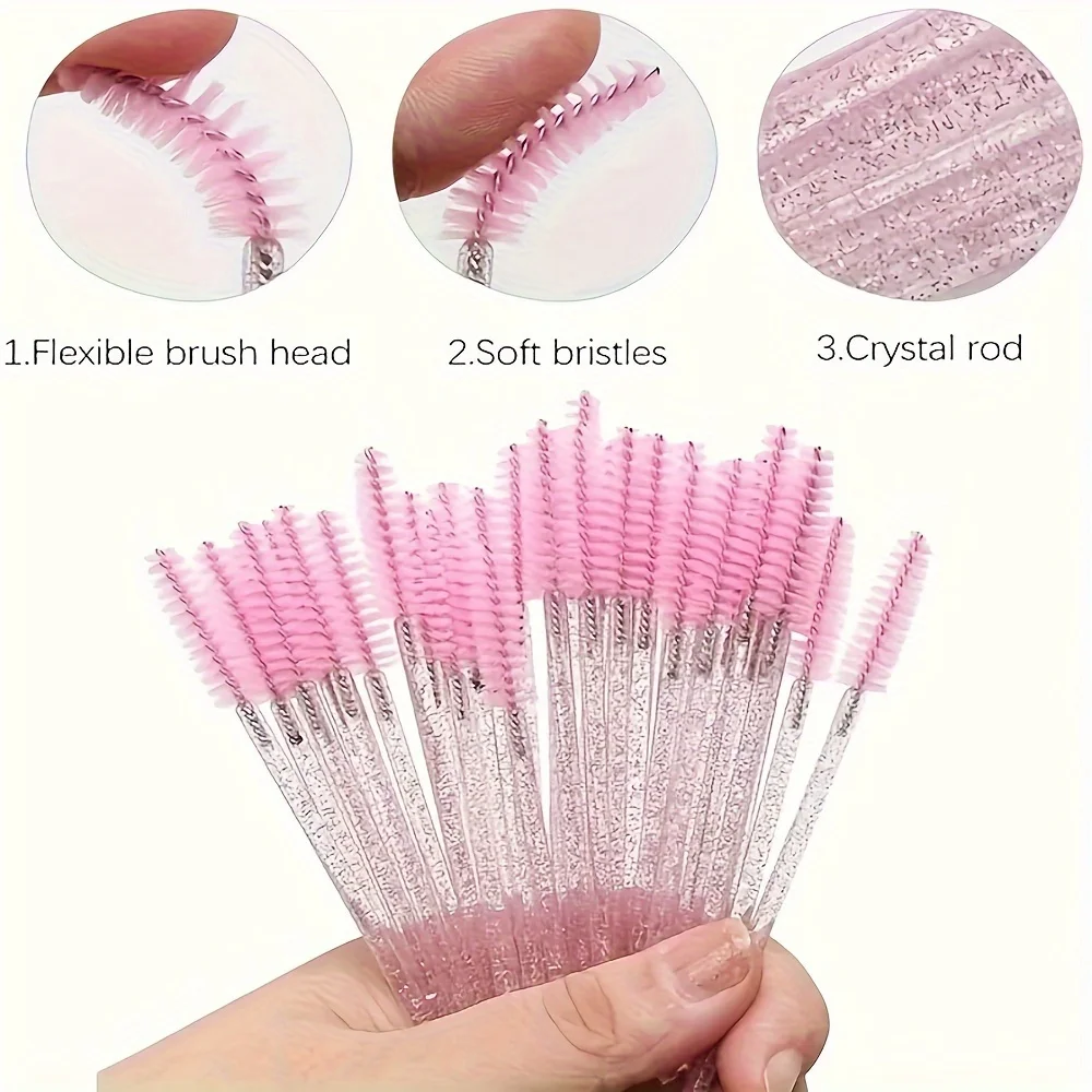 50 Crystal Handle Eyelash Brushes - Portable Mascara Wands for Extensions, Eyebrows, & Hair | Reusable, Travel-Friendly Makeup