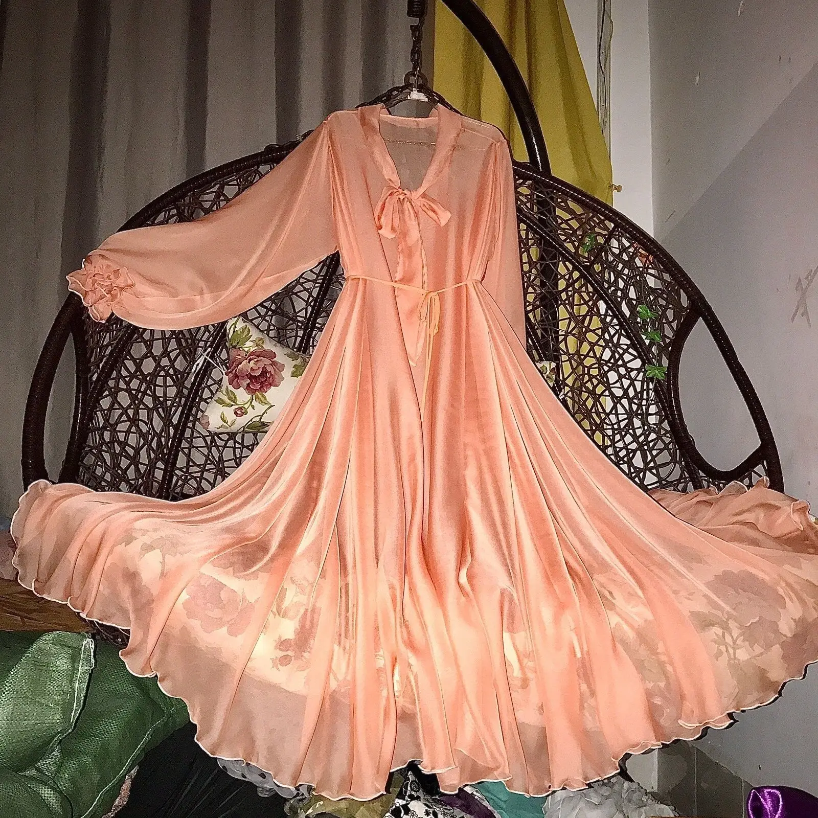 

Tulle Voile Women Ruffles Long Sleeve Dress Loose Maxi Dress Plus Size Sleeping Pajamas Robe