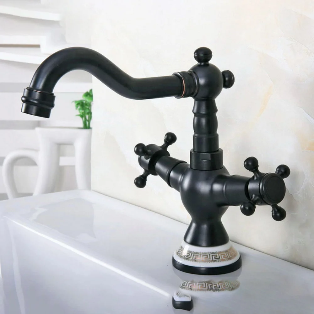 Modern Style Oil Rubbed Bronze Bathroom Sink Faucet Spout Double Cross Handle Bath Mixer Hot and Cold Tap Nnf649