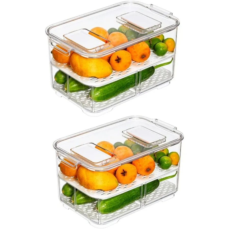 

Fridge Produce Saver Containers Storage Bins for Freezer With Lids and Removable Drain Tray Fresh Keeper Organizer 2 Pack