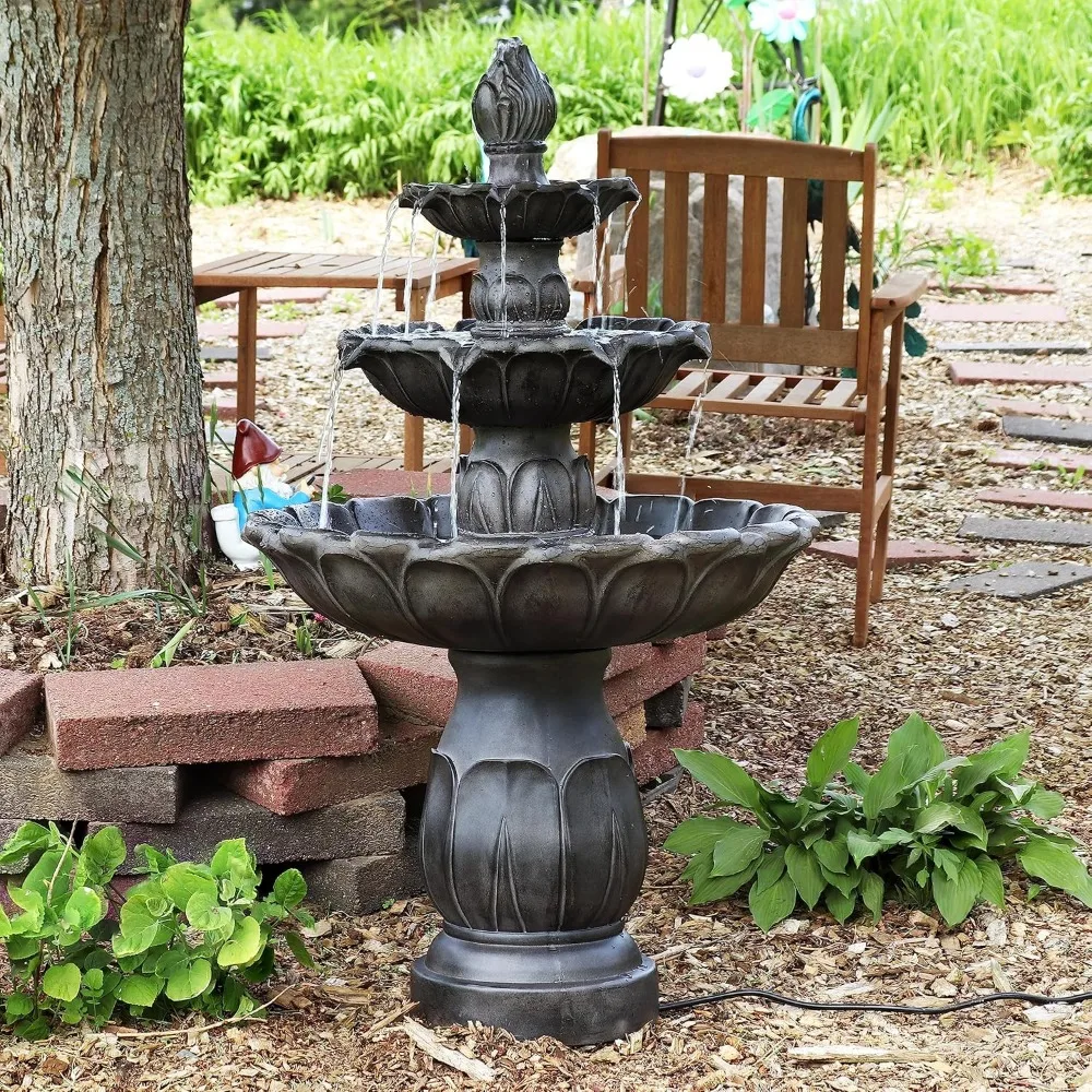 46-Inch 3-Tier Polystone Outdoor Water Fountain, Electric Submersible Fountains, Dark Brown, Waterfall Fountain