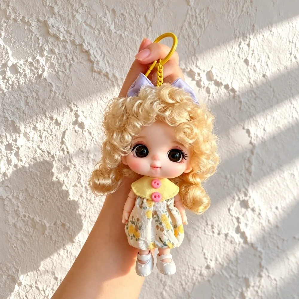 10CM Curly-Haired Doll Keychain Wearable Outfit Long Hair Mini Doll Pendant Movable Joints Lightweight Bag Charm Doll