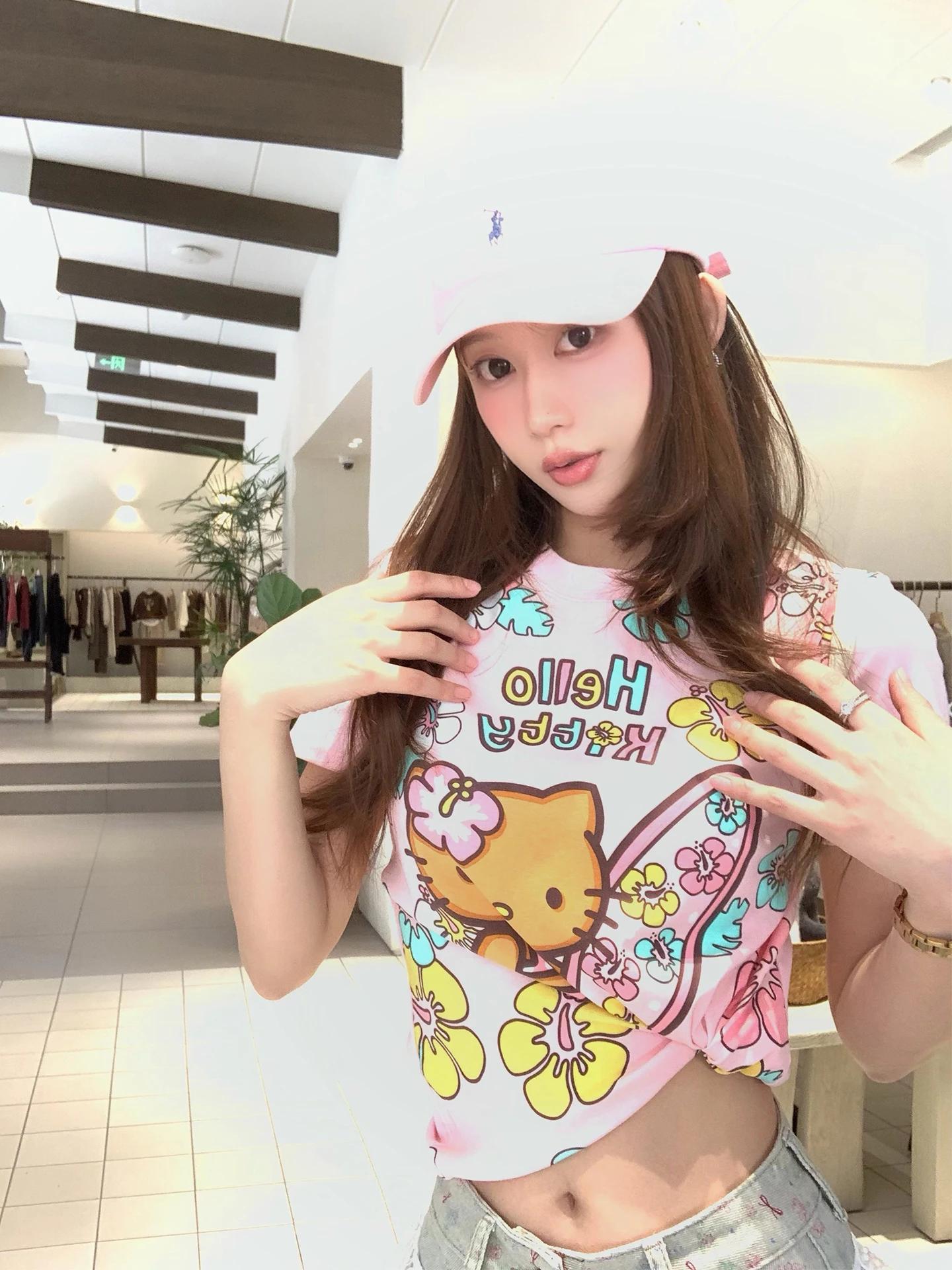 

Xuekeke Pink Kit Floral ort Sve T-irt Women's round Ne Slim Fit Sweet Sle ort Length Top Casual Stand Edition