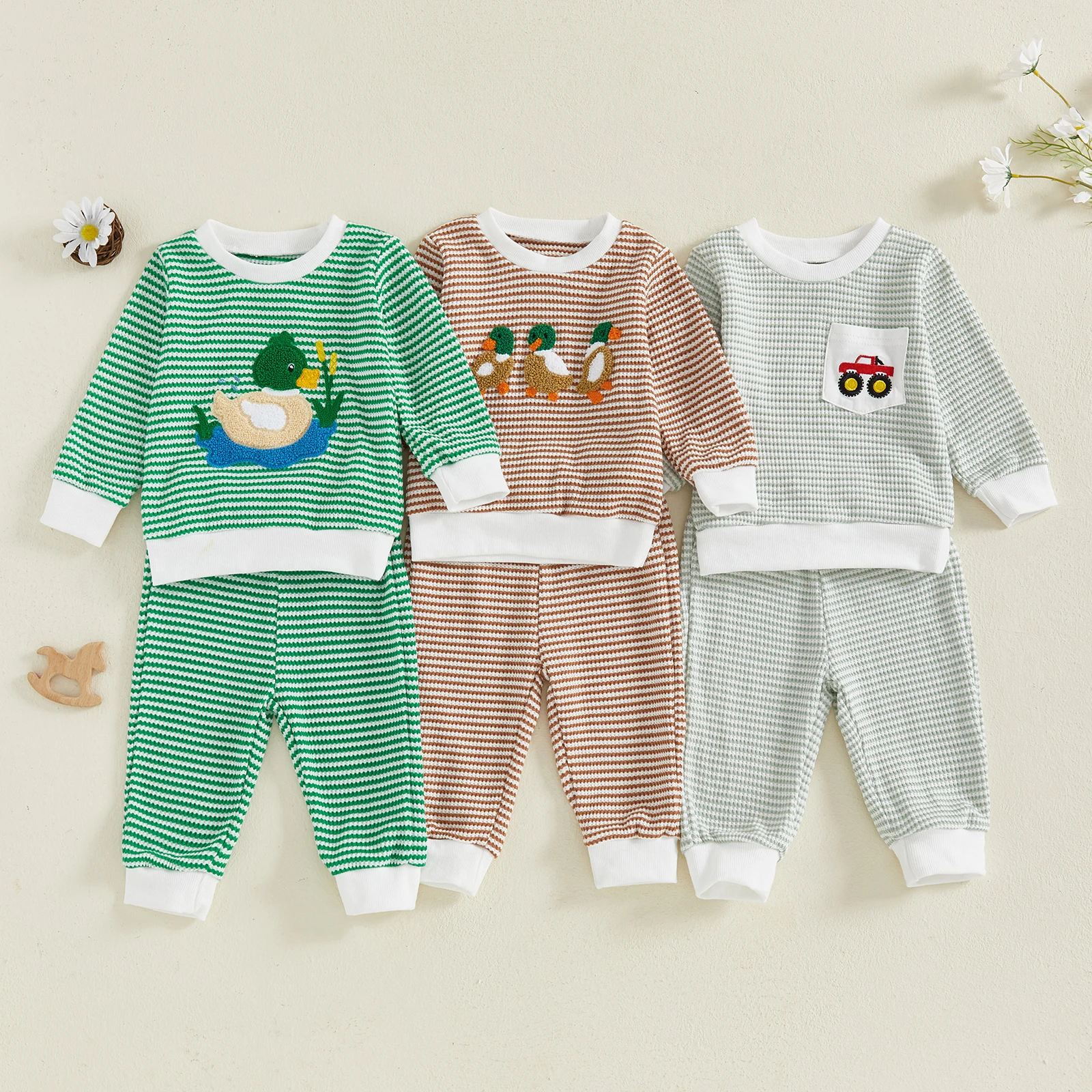 FOCUSNORM 0-3Y الرضع طفل الفتيان الشتاء الخريف الملابس مجموعات بطة/شاحنة مطرزة مخطط طباعة طويلة الأكمام البلوز السراويل