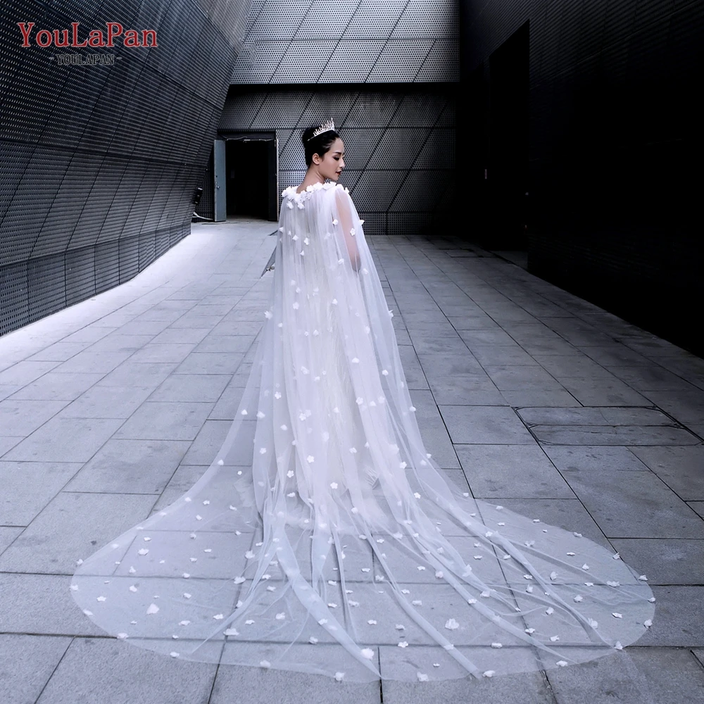 YouLaPan VG45 3D Flowers Wedding Dress Bolero Removable Bridal Cape DIY Long Cloak White Jacket Woman Wedding Cathedral Droped