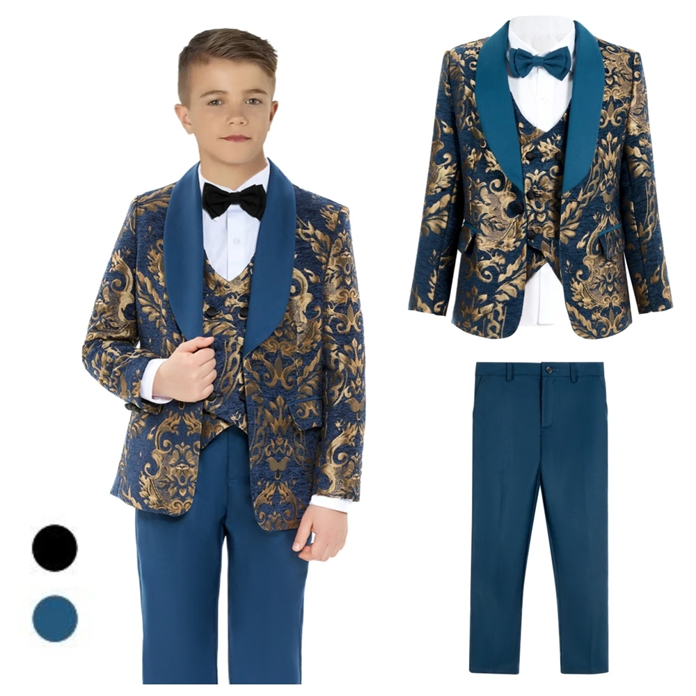 

Navy Shawl Collar Suit Set for Boys with Gold Floral Pattern, 4-Piece Tuxedo Pants Set for Chidren, Kids Wedding Suits Drsswear
