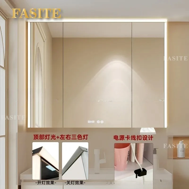 For Bathroom Wall Mounted Smart Mirror Cabinet with Light Ultra White Glass Through Top Design Separate Storage Box