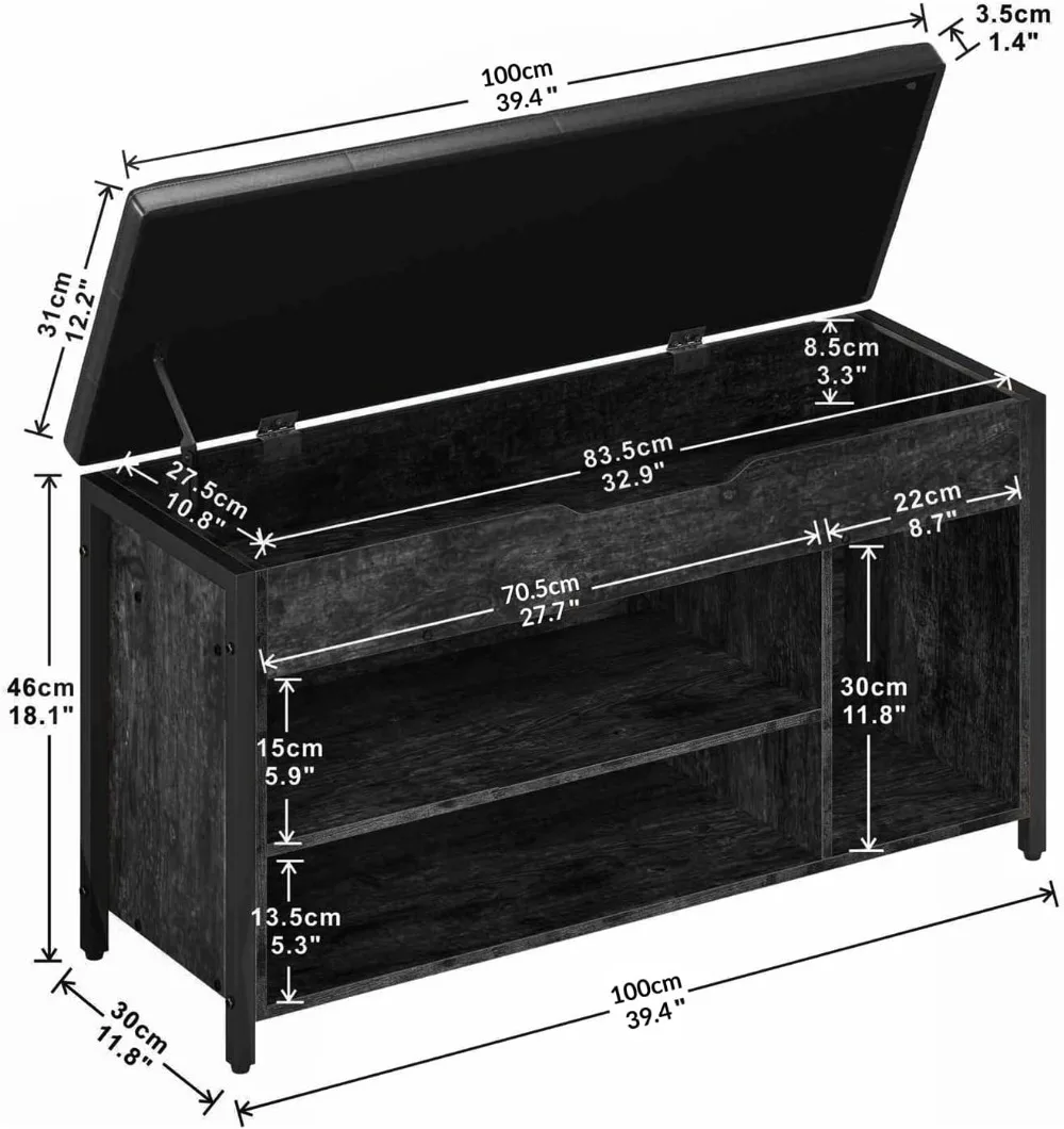 Lift Top Shoe Storage Bench with Adjustable Shelf, Metal & Wood Entryway Bench, Black 39.5W