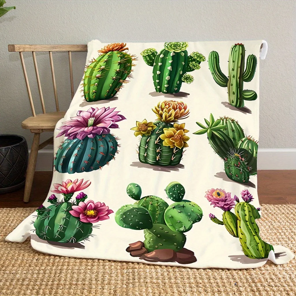 Vibrant Cactus Print Flannel Blanket - Soft, Warm, and Lightweight Perfect for Bed, Sofa, Beach, Camping, and Office Use