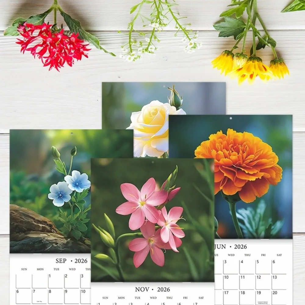 Calendario de pared con temática de flores de 12 meses, calendario de papel grueso para colgar en la pared, calendario planificador decorativo 2026