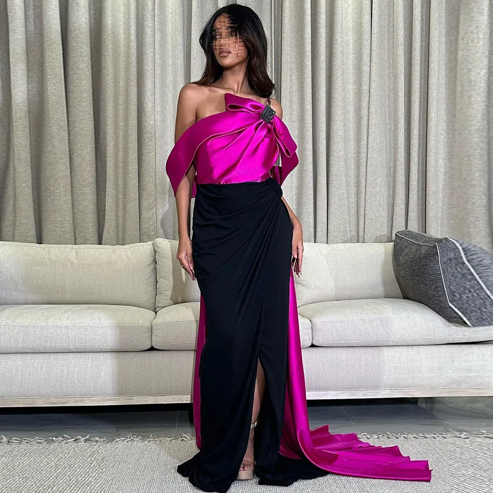 

Satin Prom Dress Off Shoulder Draped High Slit Saudi Arabian Women Formal Occasion Party Gown Sweep Train Dubai Evening Dresses