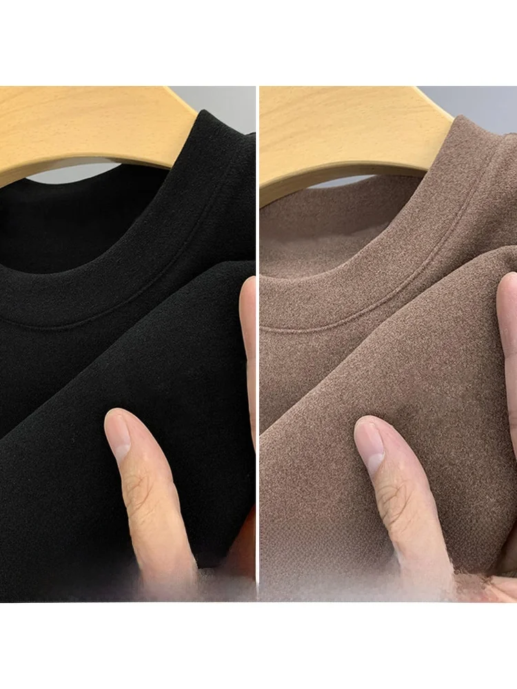 Long Sleeve Double-sided German Velvet Men's T-shirt Loose Casual Base Layer Shirt Warm Inner Wear Comfortable Korean Style