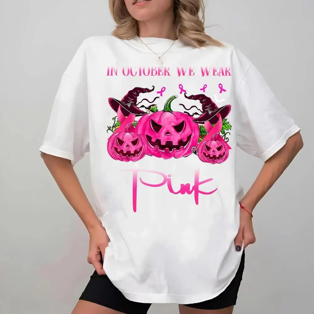 2026 new Halloween Pink Pumpkin Theme Graphic Print High‑Quality Comfort Loose Casual Holiday Short‑Sleeve Tee