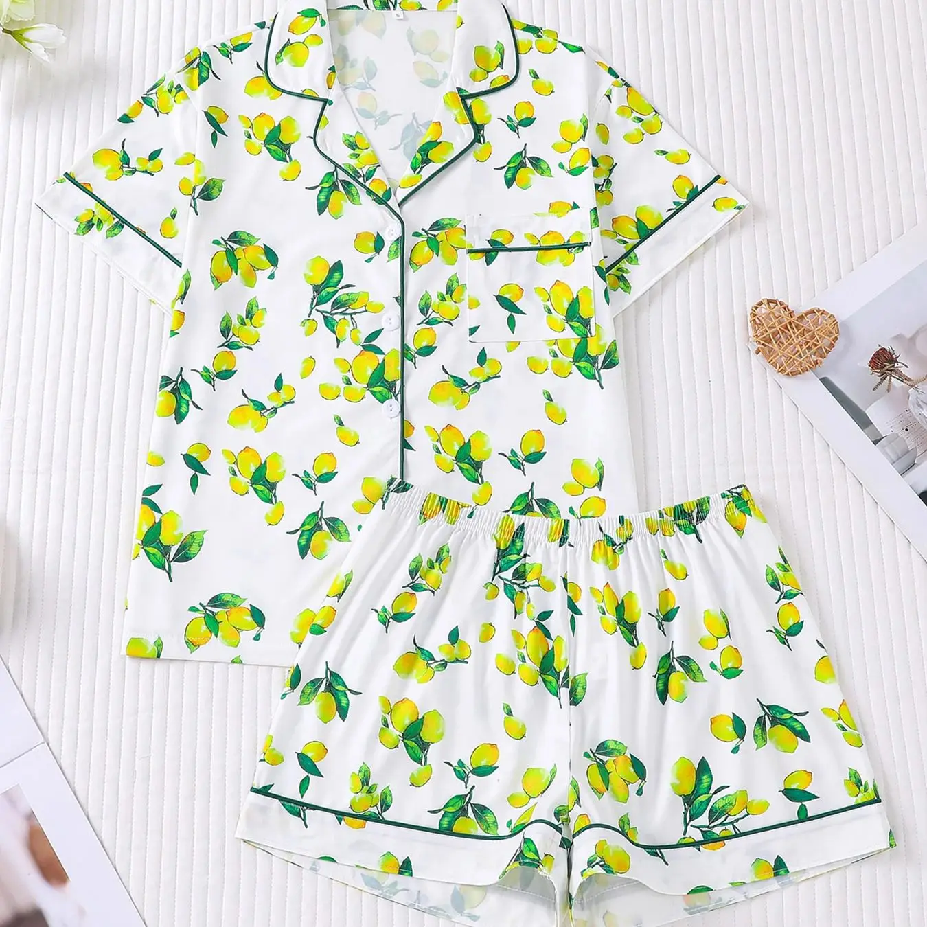 

White background lemon branch leaf element sleepwear set for women with lapel collar and short sleeved home wear, casual style