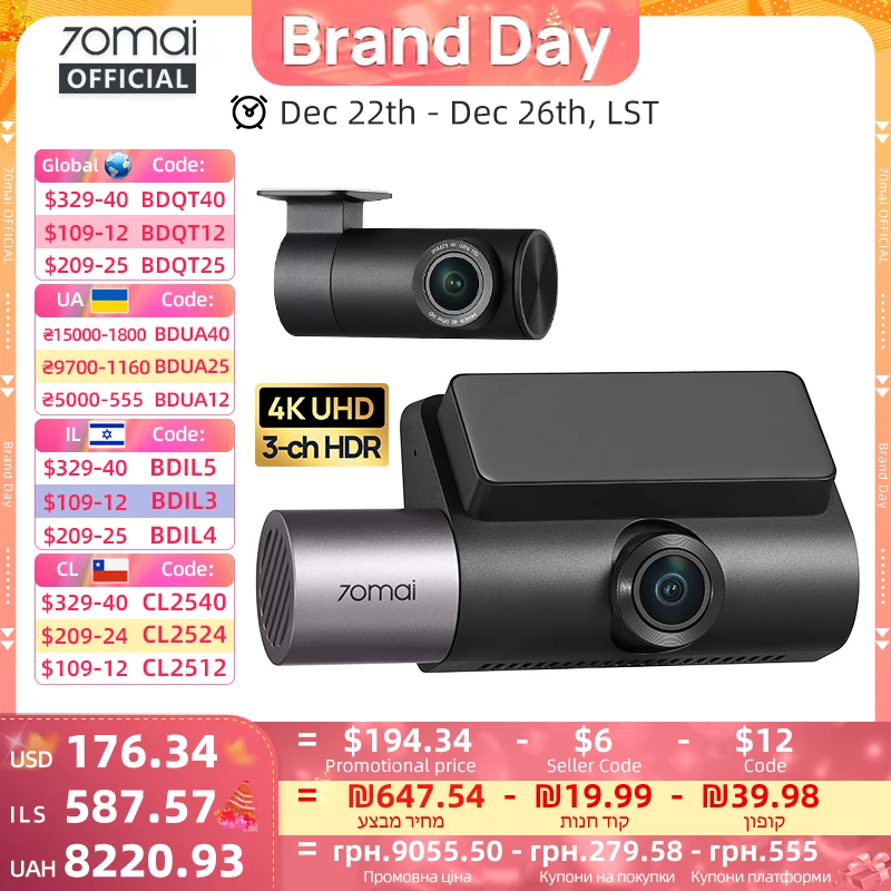 

70mai Dash Cam 4K T800 3-Channel HDR Supercapacitor Front Rear Cabin Record GPS Car DVR 70mai T800 24H Parking Guard Support 4G