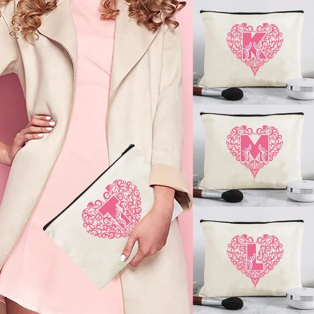 Fashion Canvas Travel Makeup Pouch With Love Letter Print Zipper Cosmetic Bag for Daily Beauty Supplies Short Holiday Trips