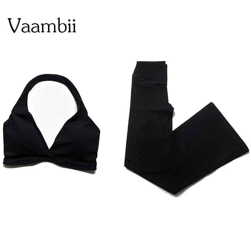 Origin Halter Bra+Flares Gym Suit 2 Pieces Sports Sets Tank Seamless Yoga Top Fitness Set Women Workout Running Sports Flares
