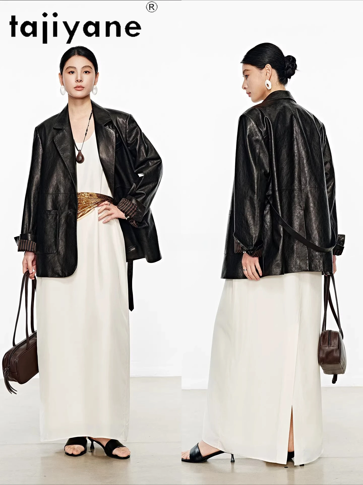 TAJIYANE 100% Goatskin Leather Jackets Women Fashion Belted Suit Coats 2026 Spring Genuine Leather Jacket Woman Clothes дубленка