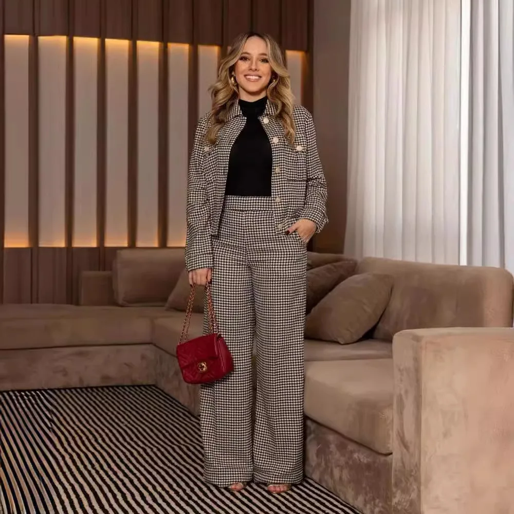 

Ele Plaid Print Long Pants Faionable Small Fraance Sle Autumn 2024 New Arrival Women's Casual Sportswear Set