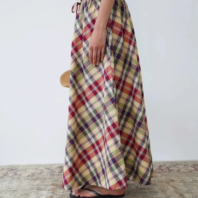 ALIDISC – jupe mi-longue rétro américaine pour femmes, grille en sergé, Silhouette ample, cordon de serrage, sortie décontractée, grande jupe trapèze