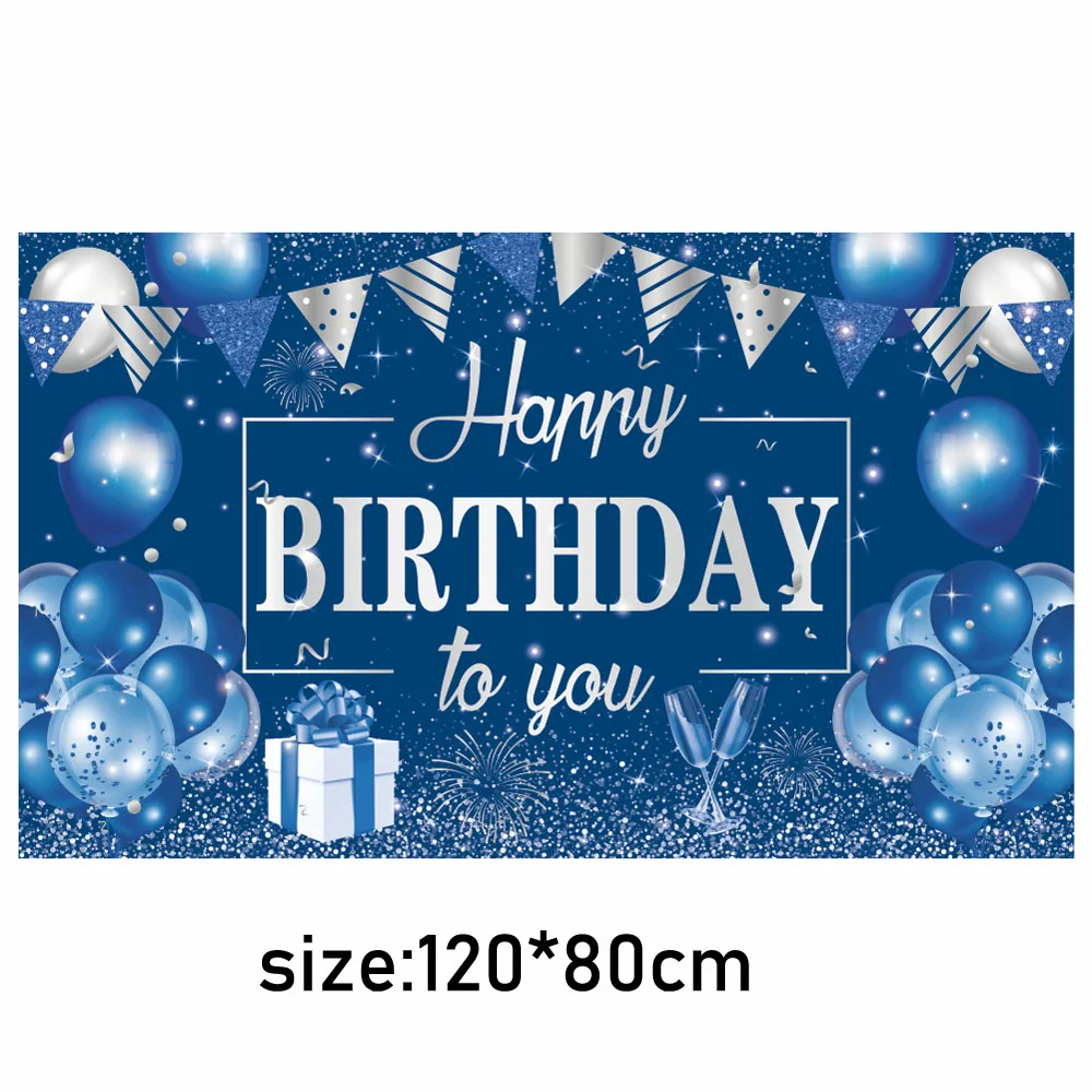 Blue Gold Black Happy Birthday Backdrop, Banner, 30 50 60 70th Birthday Photozone, Background Wall Decor ,Kids Boy Birthday Supp