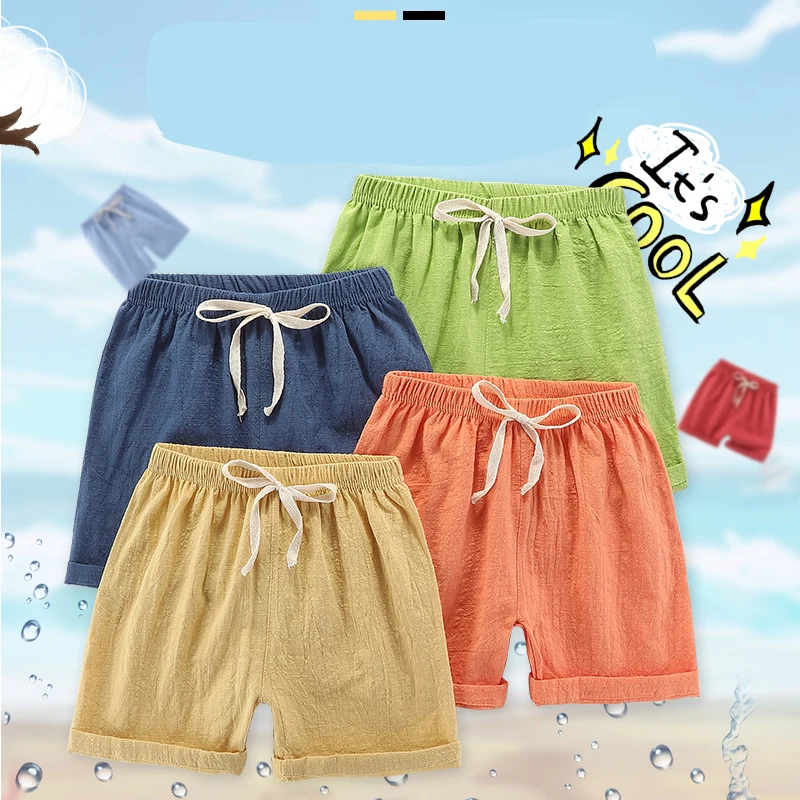 Boys Girl Shorts Cotton Linen Blue Cool for Kids Sport 2 to 3 4 5 6 7 8 9 10 11 12 13 14 Years 2024 Toddler Children Short Pants