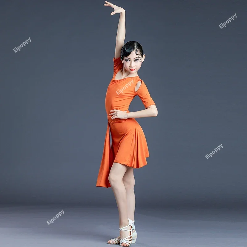 New Children Latin Dance Dress Summer Female Professional Training Suit Strapless Split Performance Competition Dance Wear