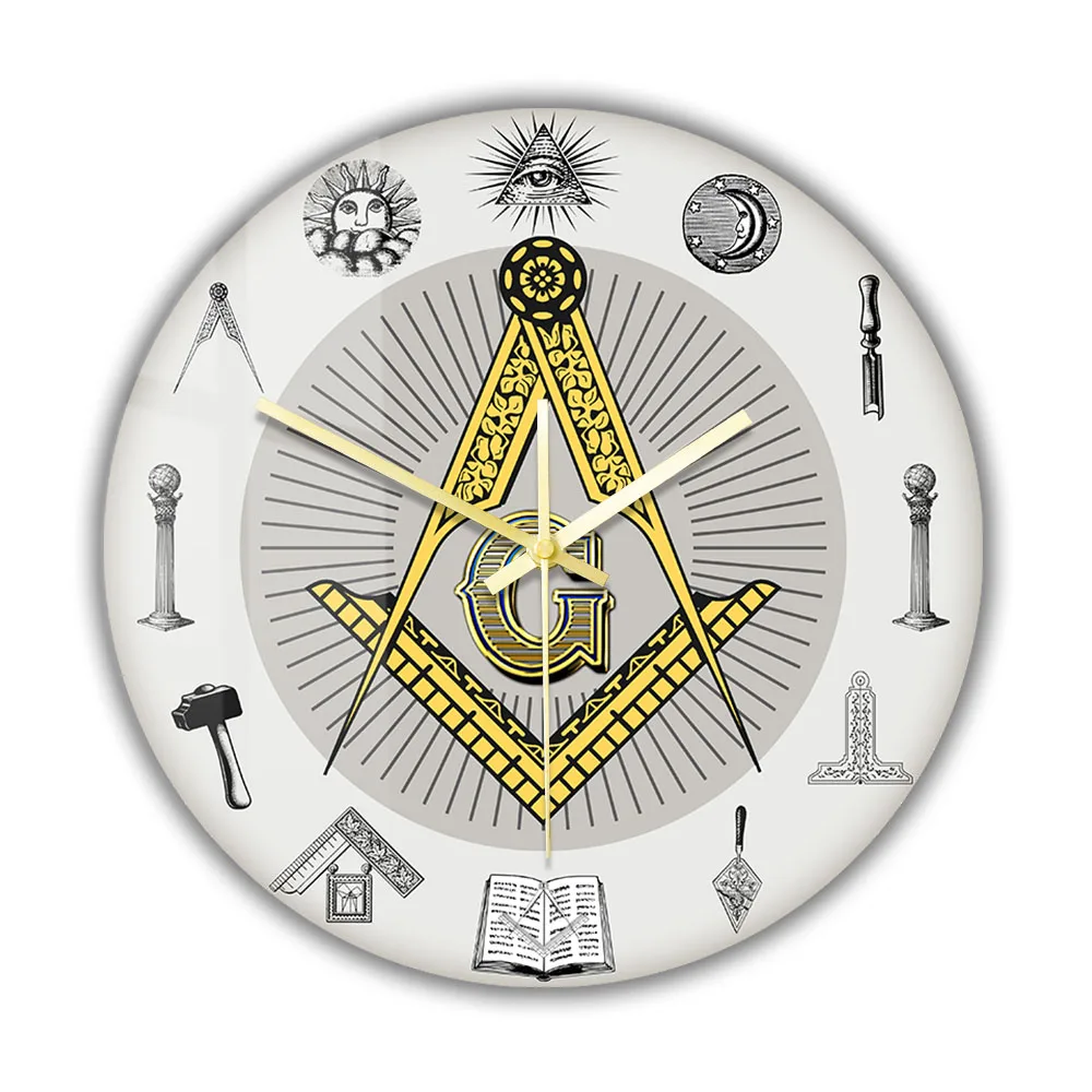 

The Masonic Exchange White Square Compass Masonic Symbols Wall Clock Freemason Fancy Home Decor Clock Silent Quartz Wall Watch