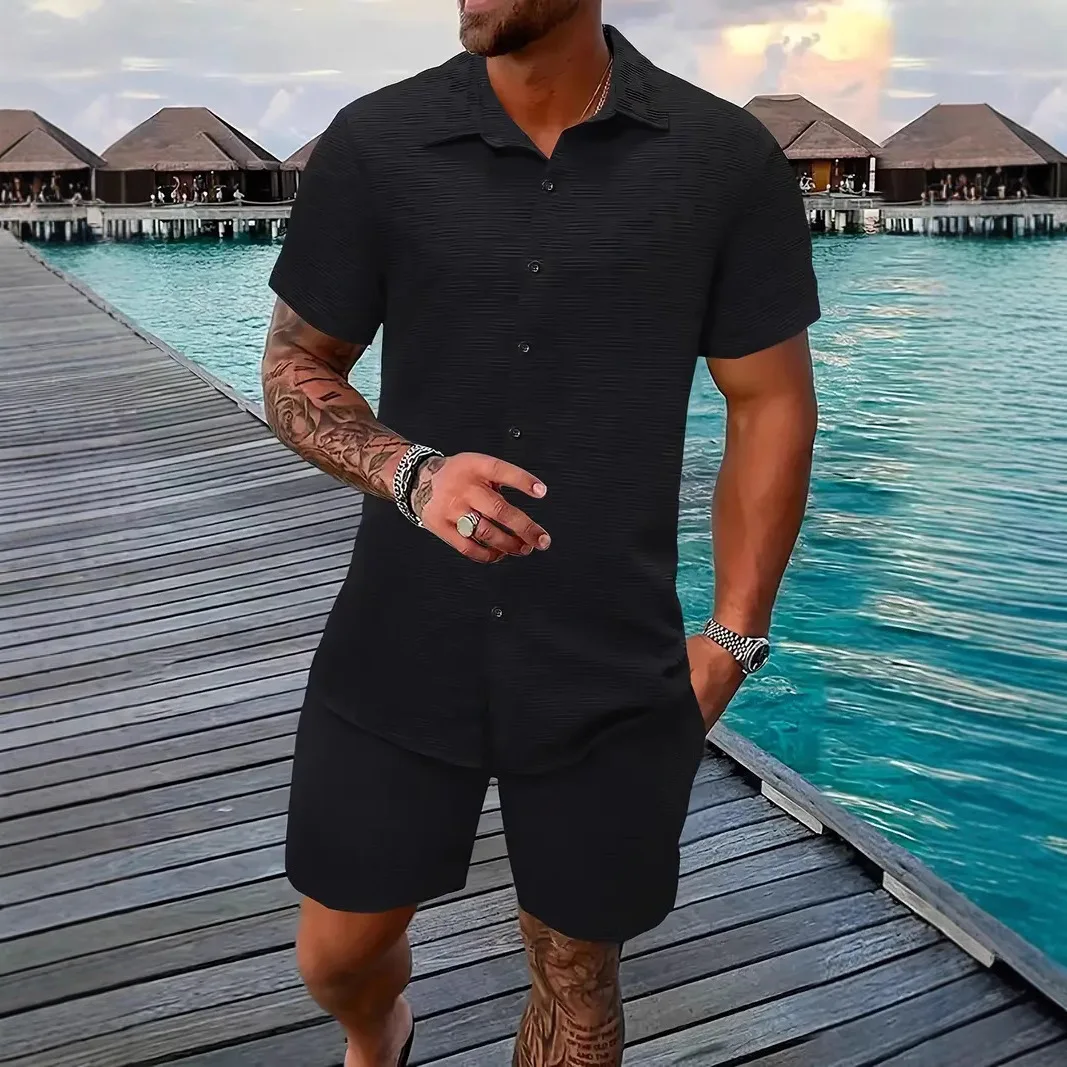 Men's Casual Two-piece Jacquard Shirt and Shorts 2025 Summer Black and White Solid Color Vacation Seaside Comfortable Simple Set