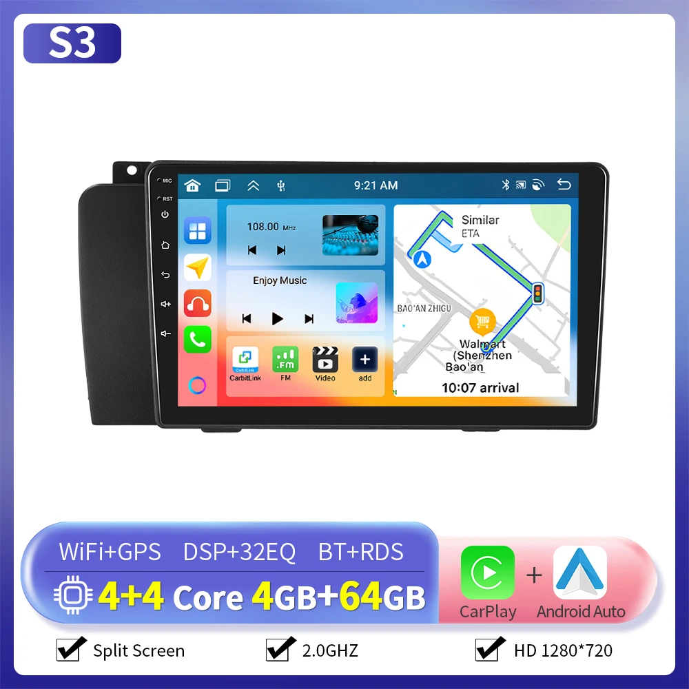 Camecho 6 + 128G Draadloze CarPlay Android Auto Autoradio voor Volvo XC70/V70/S60 2004-2007 GPS Stereo 4G WIFI Multimedia Speler