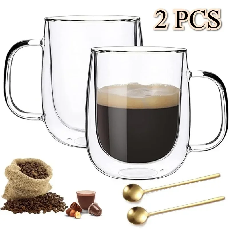 2PCS/set Glass Coffee Mugs Double Wall Insulated Coffee Mugs Clear Coffee Tea Cups with Handle Heat Resistant Dishwasher Safe