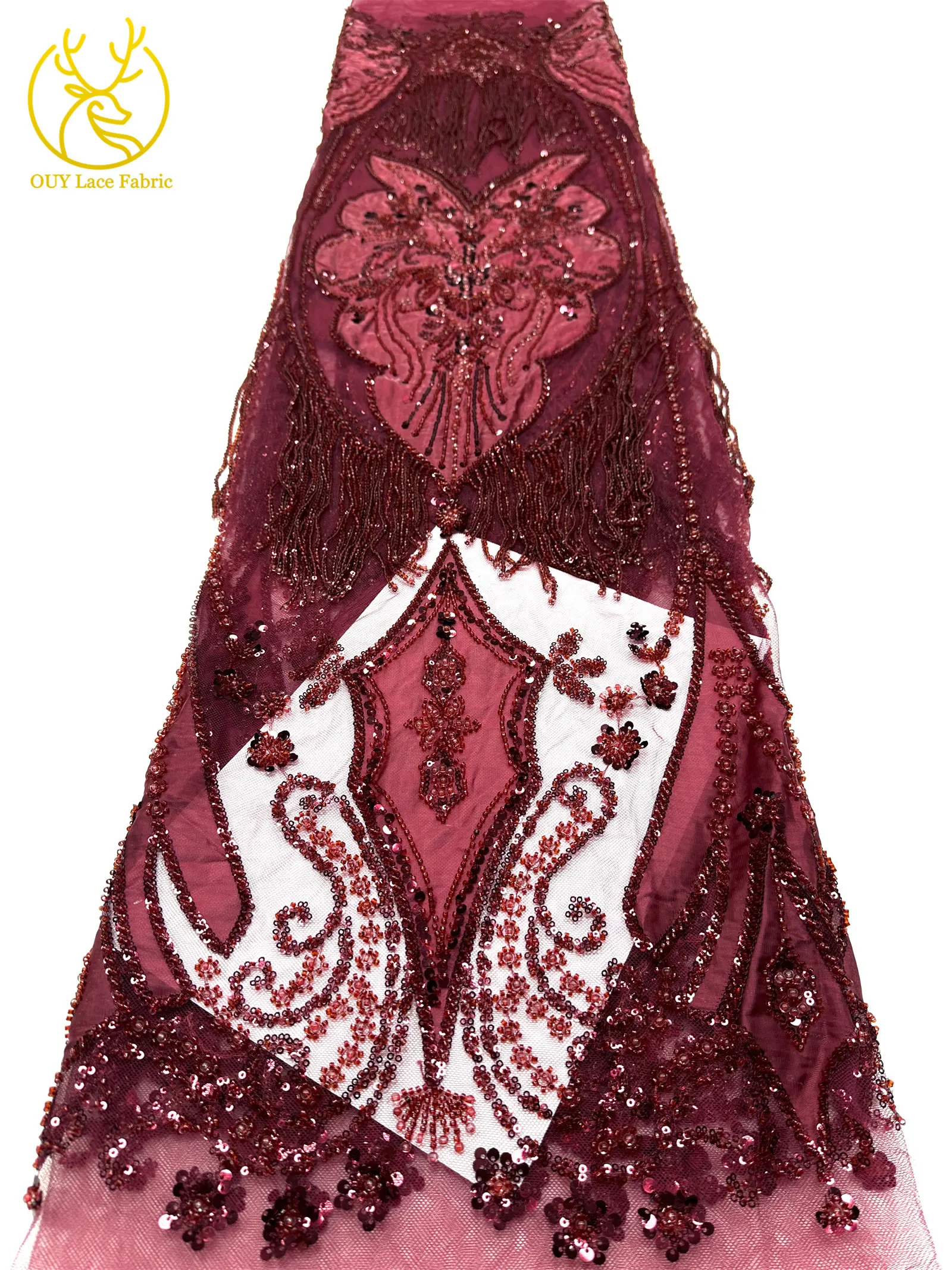Eleganter Afrikanischer Samt 3D Perlen-Spitzenstoff 5 Yards Französische Pailletten Tüll Stickerei Spitzenstoff Nigerianisches Hochzeitskleid Nähzubehör – Detail 13