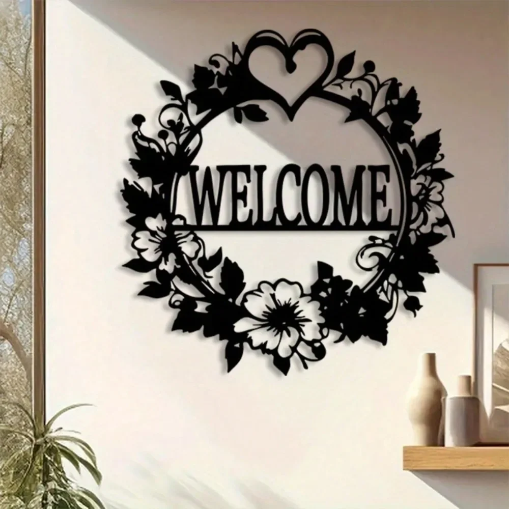 Black White Heart Wreath Welcome Plaque,2D Flat Laser‑Cut Silhouette,Romantic Iron Wall Mural,Entryway Front Door