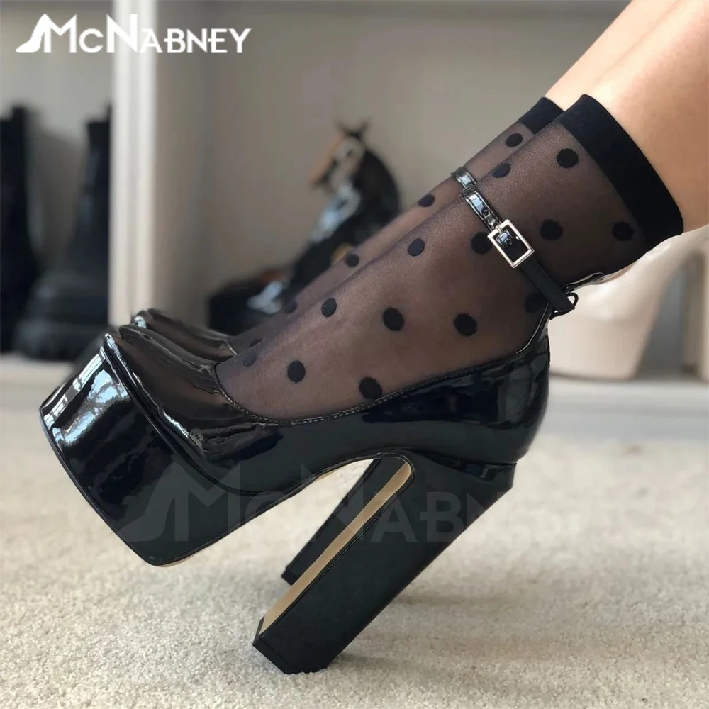 Platform Chunky Pumps Black White Leather Concise Style High Heels Square Ankle Buckle Pumps Closed Round Toe Shoes Custom Color