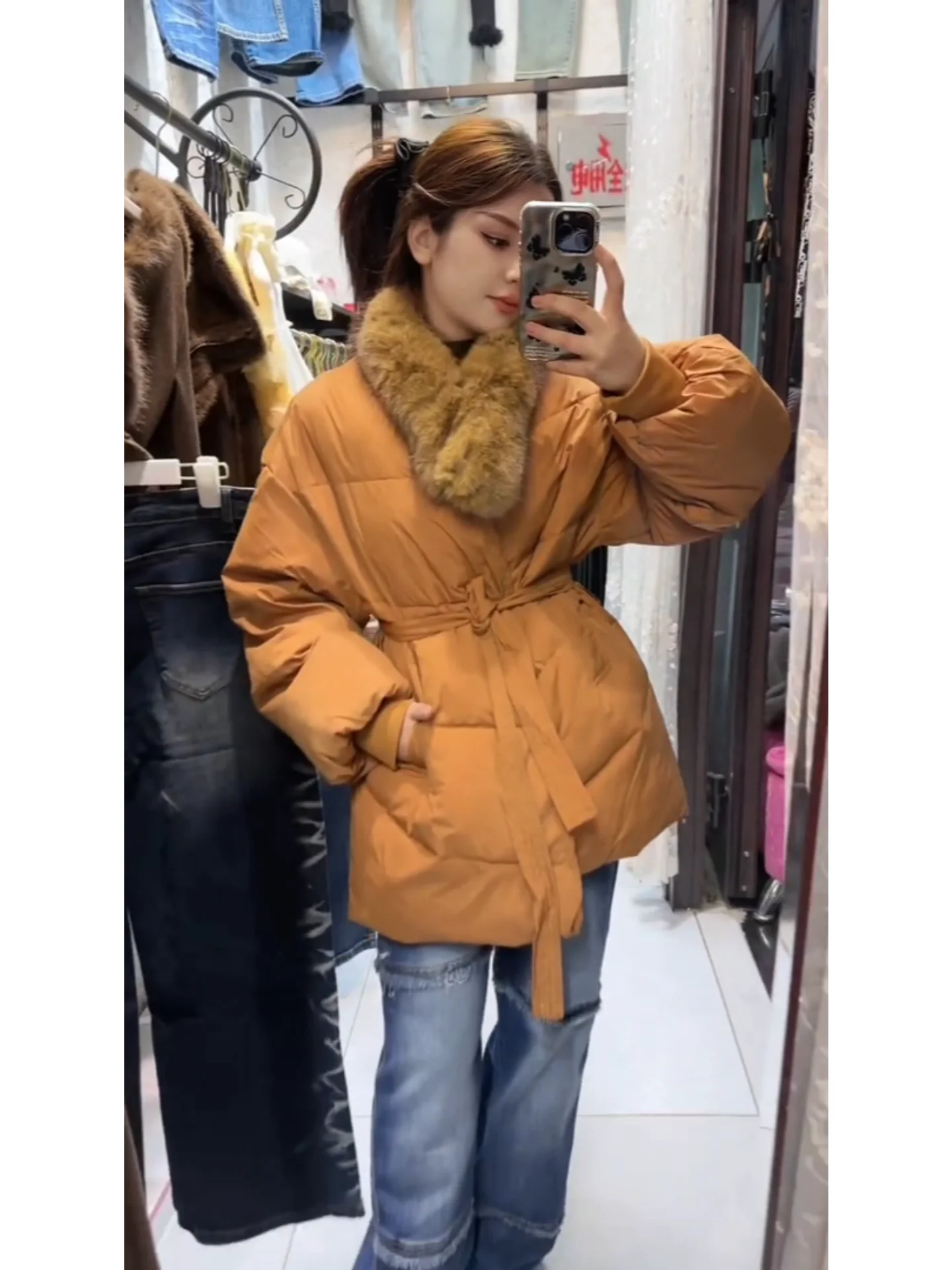 Jaet de plumón de longitud media para mujer coreana Sle con cuello de piel abrigo cálido que se pega a la cintura cuello de piel grande tamaño Cact